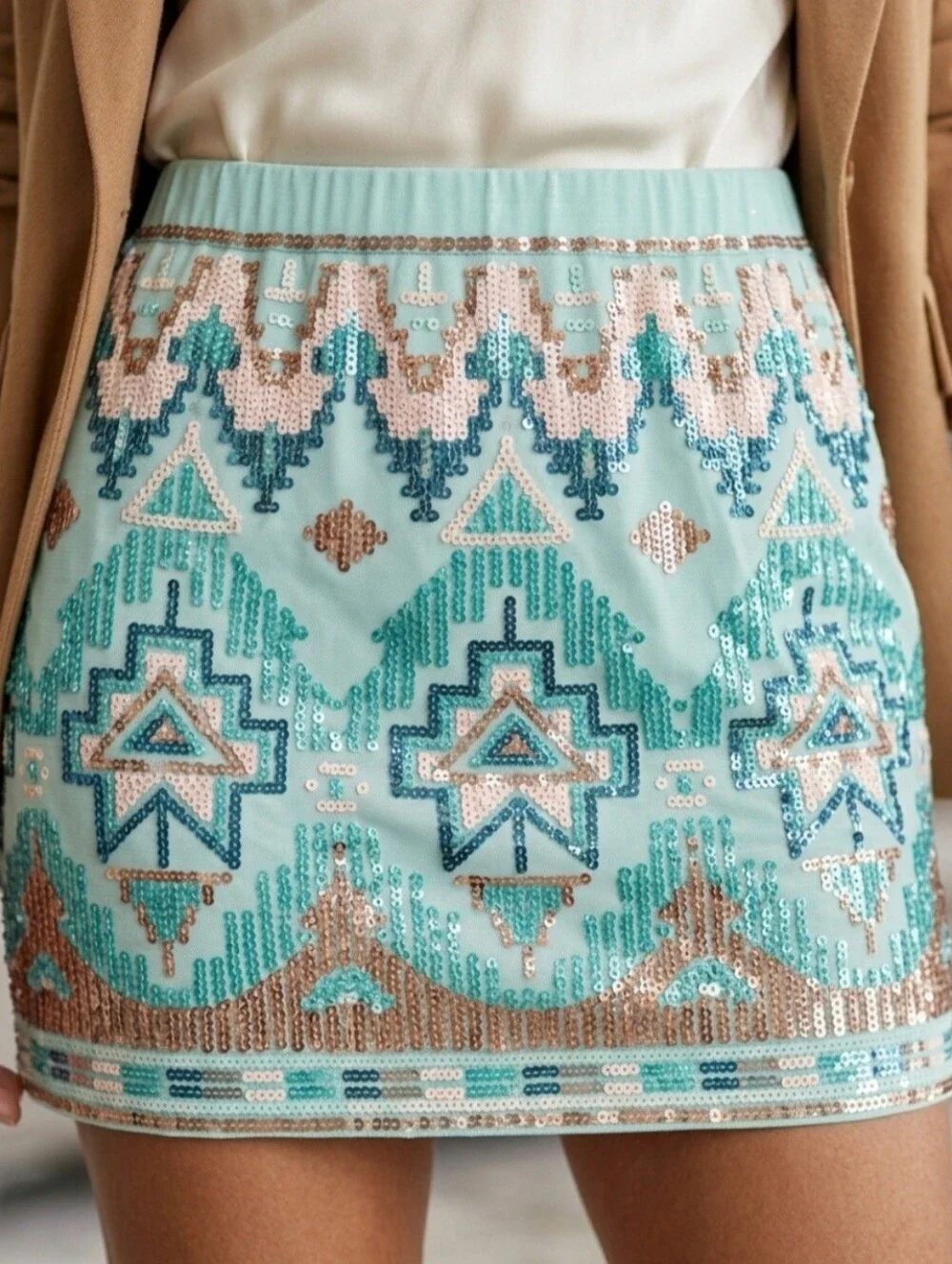English Rose Southwestern Sequin Mini Skirt Geometric Tribal Mint Green Sz S